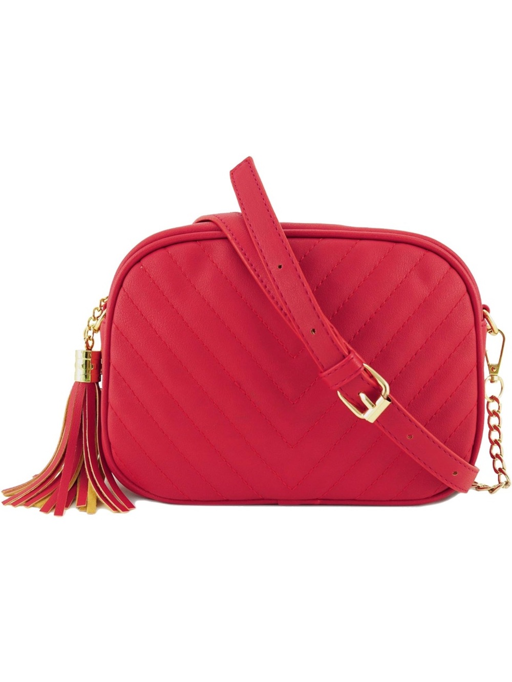 Red Quilted Crossbody Bag with Tassel and Adjustable Strap.